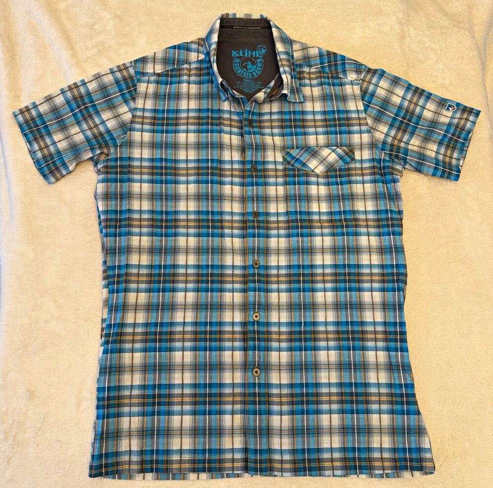 KÜHL Mountain Grade Plaid Stretch Button-Up Shirt Mens S Short Sleeve Blue